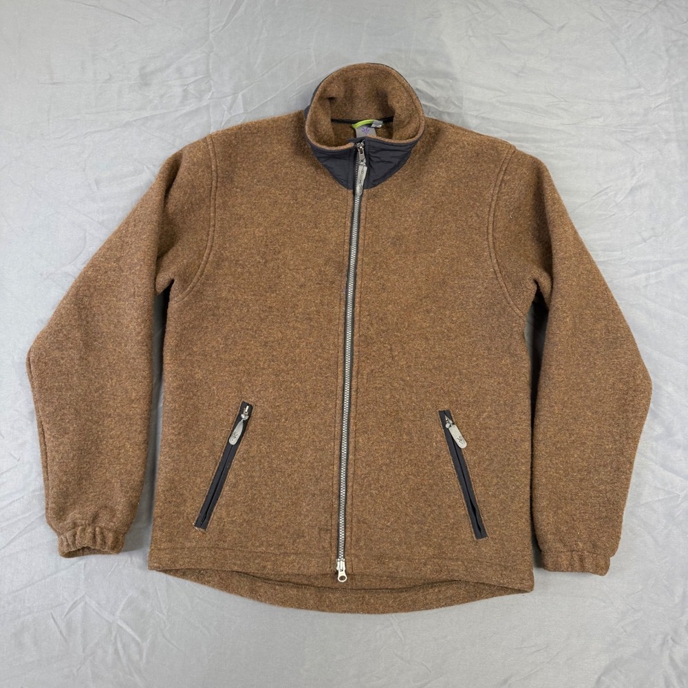 Ibex Mens Wool Full Zip Jacket Brown Heather Mock Neck USA Made Size M
